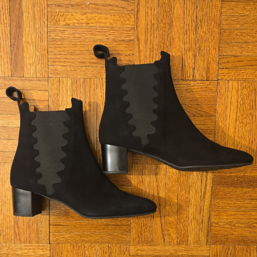 Moving Sale: Black Chelsea Suede Ankle Boots with Elastic Panels and Block Heel